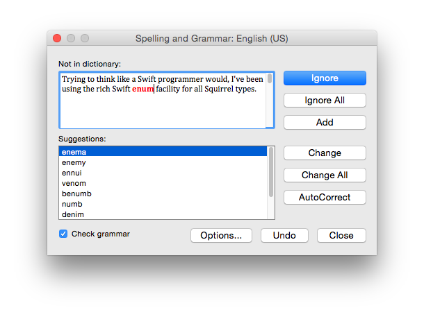 Microsoft Word spell checking dialog with suggestion to replace 'enum' with 'enema'